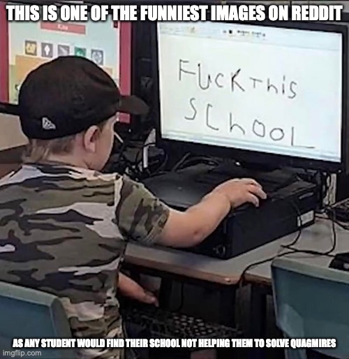 Student on Computer | THIS IS ONE OF THE FUNNIEST IMAGES ON REDDIT; AS ANY STUDENT WOULD FIND THEIR SCHOOL NOT HELPING THEM TO SOLVE QUAGMIRES | image tagged in funny memes,memes,school,computer,student | made w/ Imgflip meme maker