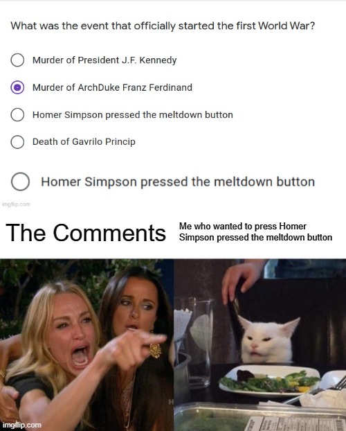 homer simp | The Comments; Me who wanted to press Homer Simpson pressed the meltdown button | image tagged in memes,woman yelling at cat | made w/ Imgflip meme maker