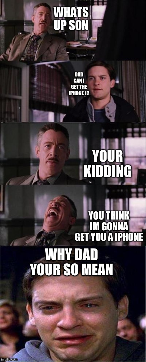bruh | WHATS UP SON; DAD CAN I GET THE IPHONE 12; YOUR KIDDING; YOU THINK IM GONNA GET YOU A IPHONE; WHY DAD YOUR SO MEAN | image tagged in memes,peter parker cry | made w/ Imgflip meme maker