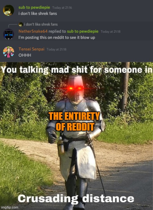 THE ENTIRETY
 OF REDDIT | image tagged in you talking mad shit for someone in crusading distance | made w/ Imgflip meme maker