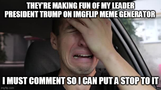 Trumpers getting Triggered | THEY'RE MAKING FUN OF MY LEADER PRESIDENT TRUMP ON IMGFLIP MEME GENERATOR; I MUST COMMENT SO I CAN PUT A STOP TO IT | image tagged in trump supporters,donald trump,republicans,triggered | made w/ Imgflip meme maker