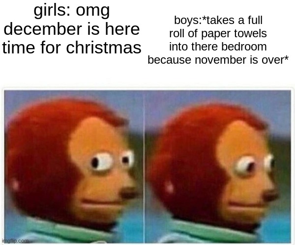 only boys get it | girls: omg december is here time for christmas; boys:*takes a full roll of paper towels into there bedroom because november is over* | image tagged in memes,monkey puppet | made w/ Imgflip meme maker