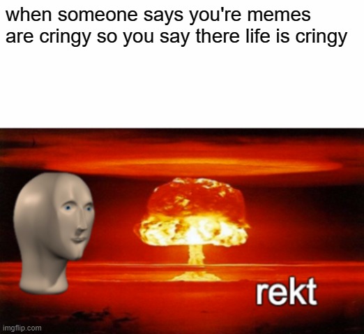 lol | when someone says you're memes are cringy so you say there life is cringy | image tagged in rekt w/text,memes | made w/ Imgflip meme maker