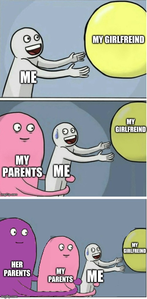 why? | MY GIRLFREIND; ME; MY GIRLFREIND; MY PARENTS; ME; MY GIRLFREIND; HER PARENTS; MY PARENTS; ME | image tagged in running away baloon 2 | made w/ Imgflip meme maker