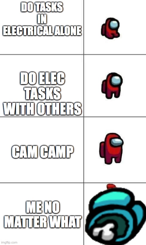 Increasingly Buff Red Crewmate | DO TASKS IN ELECTRICAL ALONE; DO ELEC TASKS WITH OTHERS; CAM CAMP; ME NO MATTER WHAT | image tagged in increasingly buff red crewmate | made w/ Imgflip meme maker