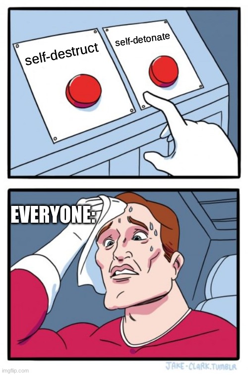 Two Buttons | self-detonate; self-destruct; EVERYONE: | image tagged in memes,two buttons | made w/ Imgflip meme maker