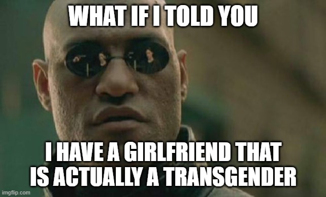 Matrix Morpheus Meme | WHAT IF I TOLD YOU; I HAVE A GIRLFRIEND THAT IS ACTUALLY A TRANSGENDER | image tagged in memes,matrix morpheus | made w/ Imgflip meme maker