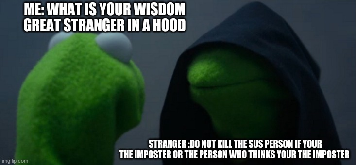 Evil Kermit | ME: WHAT IS YOUR WISDOM GREAT STRANGER IN A HOOD; STRANGER :DO NOT KILL THE SUS PERSON IF YOUR THE IMPOSTER OR THE PERSON WHO THINKS YOUR THE IMPOSTER | image tagged in memes,evil kermit | made w/ Imgflip meme maker