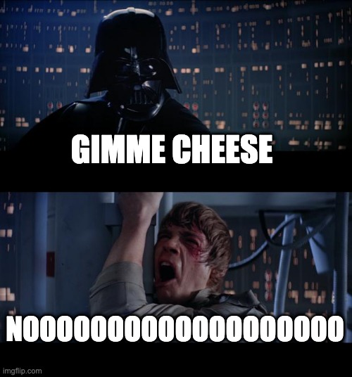 Star Wars No Meme | GIMME CHEESE; NOOOOOOOOOOOOOOOOOOO | image tagged in memes,star wars no | made w/ Imgflip meme maker