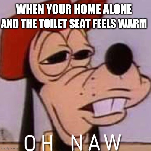 Oh Naw | WHEN YOUR HOME ALONE; AND THE TOILET SEAT FEELS WARM | image tagged in oh naw,goofy,funny memes,memes,mickey mouse,toilet | made w/ Imgflip meme maker