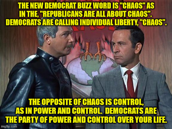 Democrats are for power and control.  They are supporters of the World Economic Forum's Great Reset to a global Socialist regime | THE NEW DEMOCRAT BUZZ WORD IS "CHAOS" AS IN THE, "REPUBLICANS ARE ALL ABOUT CHAOS".  DEMOCRATS ARE CALLING INDIVIDUAL LIBERTY, "CHAOS". THE OPPOSITE OF CHAOS IS CONTROL, AS IN POWER AND CONTROL.  DEMOCRATS ARE THE PARTY OF POWER AND CONTROL OVER YOUR LIFE. | image tagged in world economic forum,great reset,new world order | made w/ Imgflip meme maker