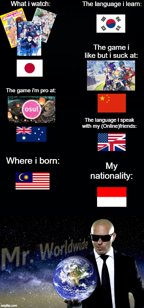 This is stupid | What i watch:; The language i learn:; The game i like but i suck at:; The game i'm pro at:; The language i speak with my (Online)friends:; Where i born:; My nationality: | image tagged in mr worldwide,bruh,this is stupid,fuwwii is back,memes,world | made w/ Imgflip meme maker