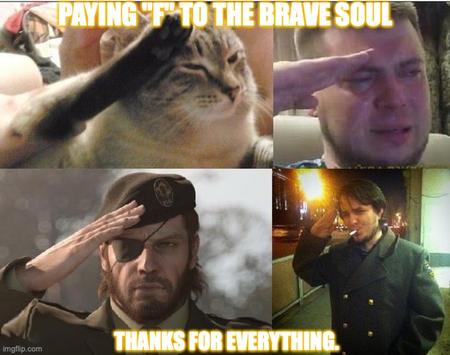 Paying salute to the brave soul. | PAYING "F" TO THE BRAVE SOUL THANKS FOR EVERYTHING. | image tagged in ozon's salute,bravery,thank you,press f to pay respects,respect,meme | made w/ Imgflip meme maker