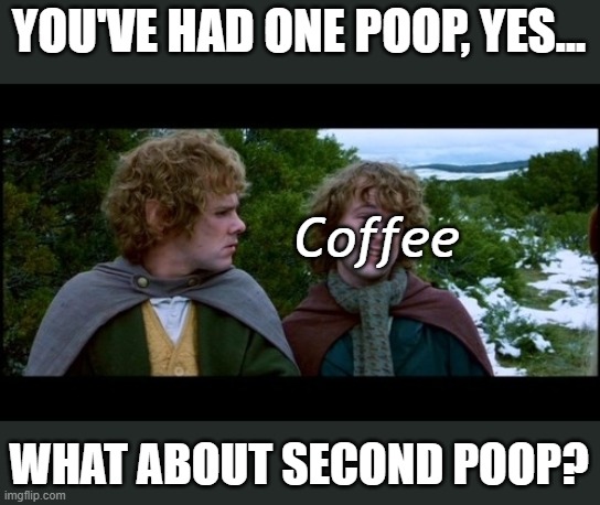 Coffee Effects | YOU'VE HAD ONE POOP, YES... Coffee; WHAT ABOUT SECOND POOP? | image tagged in pippin second breakfast,coffee | made w/ Imgflip meme maker