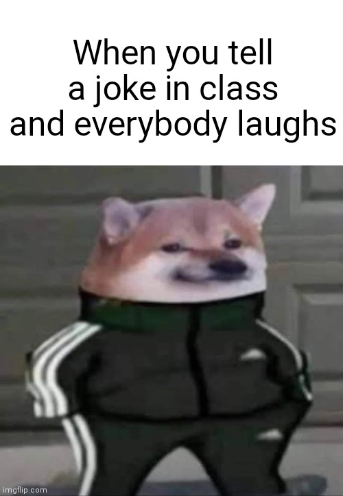 Cheebs will always win over the crowd! | When you tell a joke in class and everybody laughs | image tagged in cheebs tracksuit | made w/ Imgflip meme maker