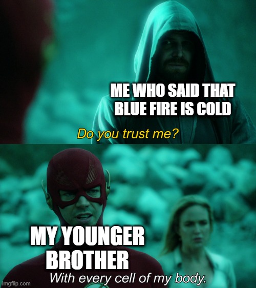 Do you trust me? | ME WHO SAID THAT BLUE FIRE IS COLD; MY YOUNGER BROTHER | image tagged in do you trust me,i'm 15 so don't try it,who reads these | made w/ Imgflip meme maker
