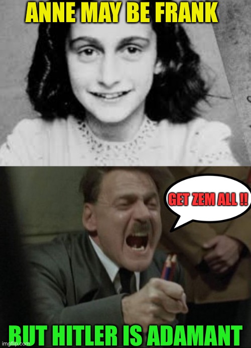 Locked in a small room with the family for months on end with death waiting outside... damn this COVID is getting me down ;-) | ANNE MAY BE FRANK; GET ZEM ALL !! BUT HITLER IS ADAMANT | image tagged in hitler downfall,anne frank,play on words,ww2,police state,dark humour | made w/ Imgflip meme maker