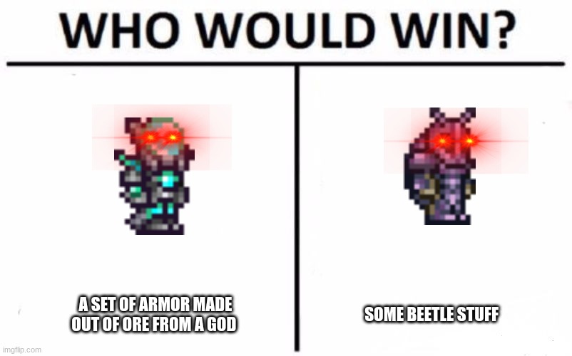 Who Would Win? | A SET OF ARMOR MADE OUT OF ORE FROM A GOD; SOME BEETLE STUFF | image tagged in memes,who would win | made w/ Imgflip meme maker