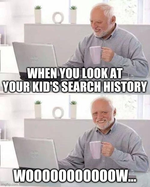 keep it together harold | WHEN YOU LOOK AT YOUR KID'S SEARCH HISTORY; WOOOOOOOOOOOW... | image tagged in memes,hide the pain harold | made w/ Imgflip meme maker