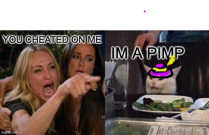 Woman Yelling At Cat | YOU CHEATED ON ME; IM A PIMP | image tagged in memes,woman yelling at cat | made w/ Imgflip meme maker