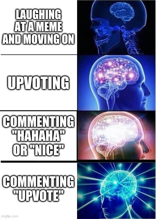 Expanding Brain |  LAUGHING AT A MEME AND MOVING ON; UPVOTING; COMMENTING "HAHAHA" OR "NICE"; COMMENTING "UPVOTE" | image tagged in memes,expanding brain | made w/ Imgflip meme maker