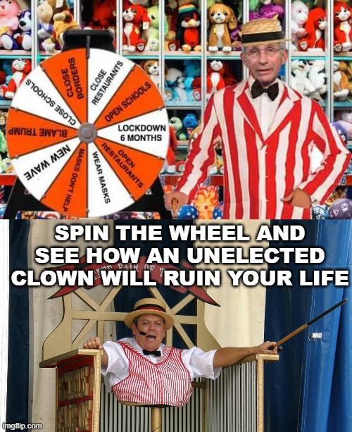 Fauchi changes his positions more then the human pretzel | SPIN THE WHEEL AND SEE HOW AN UNELECTED CLOWN WILL RUIN YOUR LIFE | image tagged in carnival barker,political meme | made w/ Imgflip meme maker