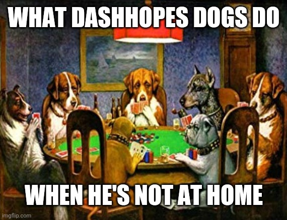 Dogs playing poker | WHAT DASHHOPES DOGS DO WHEN HE'S NOT AT HOME | image tagged in dogs playing poker | made w/ Imgflip meme maker