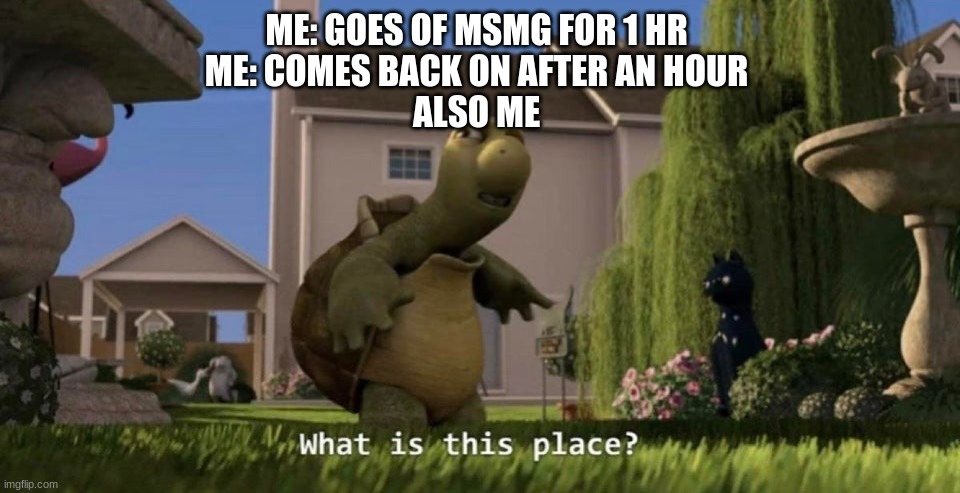 What is this place | ME: GOES OF MSMG FOR 1 HR 
ME: COMES BACK ON AFTER AN HOUR 
ALSO ME | image tagged in what is this place | made w/ Imgflip meme maker
