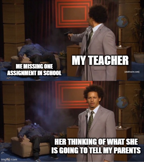 funny | MY TEACHER; ME MISSING ONE ASSIGNMENT IN SCHOOL; HER THINKING OF WHAT SHE IS GOING TO TELL MY PARENTS | image tagged in memes,who killed hannibal | made w/ Imgflip meme maker