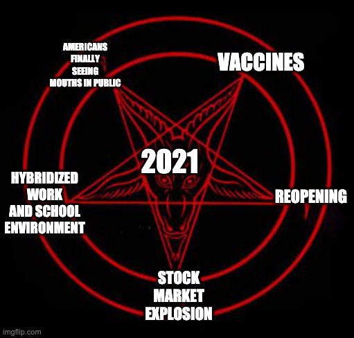 Pentagram | 2021 VACCINES REOPENING AMERICANS FINALLY SEEING MOUTHS IN PUBLIC STOCK MARKET EXPLOSION HYBRIDIZED WORK AND SCHOOL ENVIRONMENT | image tagged in pentagram | made w/ Imgflip meme maker