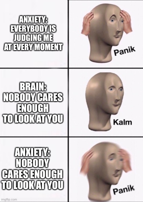 Welp ._. | ANXIETY: EVERYBODY IS JUDGING ME AT EVERY MOMENT; BRAIN: NOBODY CARES ENOUGH TO LOOK AT YOU; ANXIETY: NOBODY CARES ENOUGH TO LOOK AT YOU | image tagged in stonks panic calm panic,funny,memes,funny memes | made w/ Imgflip meme maker