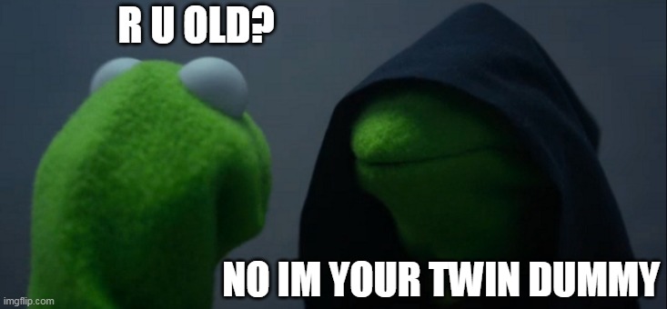 Evil Kermit | R U OLD? NO IM YOUR TWIN DUMMY | image tagged in memes,evil kermit | made w/ Imgflip meme maker