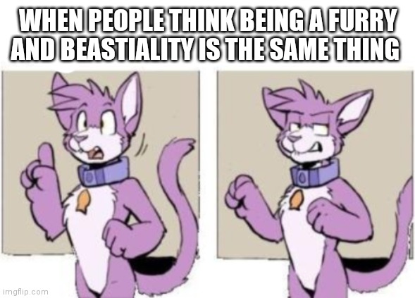 Seriously though-- |  WHEN PEOPLE THINK BEING A FURRY AND BEASTIALITY IS THE SAME THING | image tagged in furry hold on,furry,furries | made w/ Imgflip meme maker