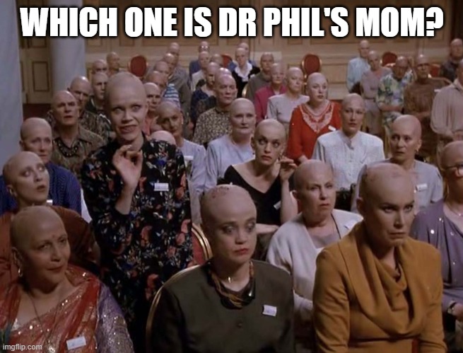 bald ladies | WHICH ONE IS DR PHIL'S MOM? | image tagged in bald ladies | made w/ Imgflip meme maker