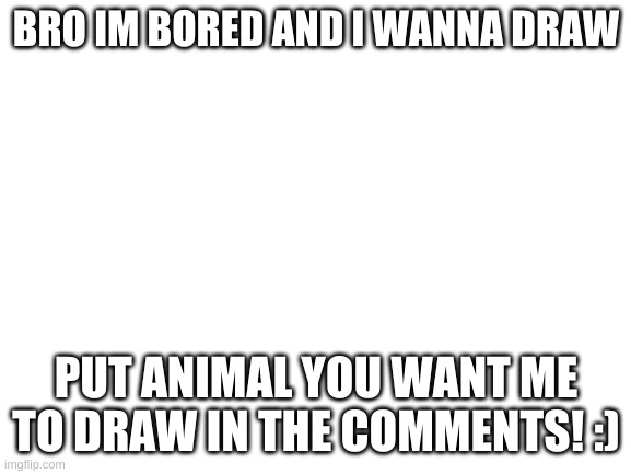 Put animal in the comments for me to draw | BRO IM BORED AND I WANNA DRAW; PUT ANIMAL YOU WANT ME TO DRAW IN THE COMMENTS! :) | image tagged in blank white template,animal,drawing | made w/ Imgflip meme maker