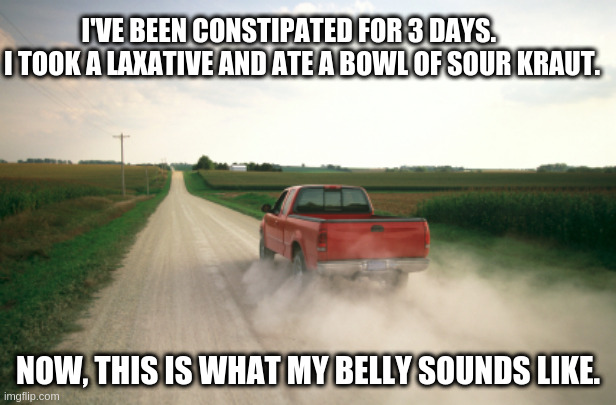 constipated | I'VE BEEN CONSTIPATED FOR 3 DAYS.      I TOOK A LAXATIVE AND ATE A BOWL OF SOUR KRAUT. NOW, THIS IS WHAT MY BELLY SOUNDS LIKE. | image tagged in constipated,gravel | made w/ Imgflip meme maker