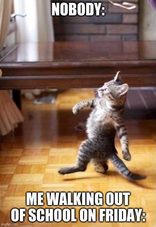 Cool Cat Stroll | NOBODY:; ME WALKING OUT OF SCHOOL ON FRIDAY: | image tagged in memes,cool cat stroll | made w/ Imgflip meme maker