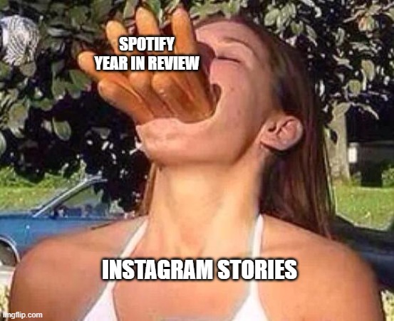 Spotify 2020 Wrapped | SPOTIFY YEAR IN REVIEW; INSTAGRAM STORIES | image tagged in hot dog girl,spotify,instagram | made w/ Imgflip meme maker