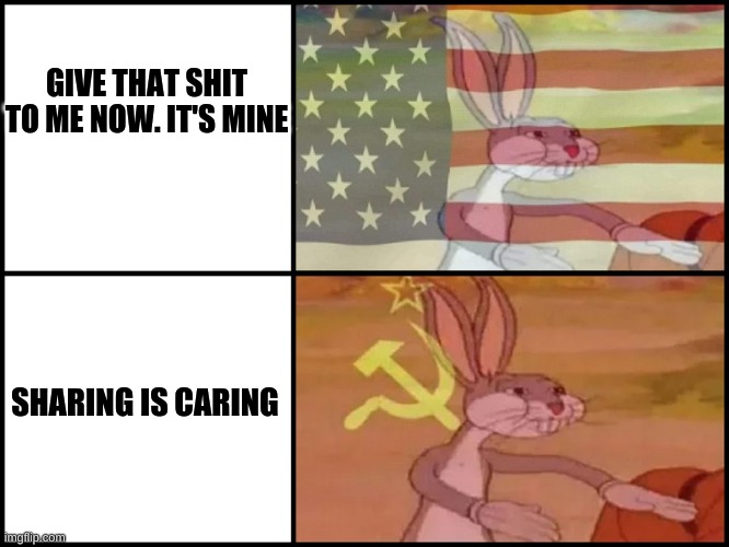 Government in a Nutshell | GIVE THAT SHIT TO ME NOW. IT'S MINE; SHARING IS CARING | image tagged in capitalist and communist | made w/ Imgflip meme maker