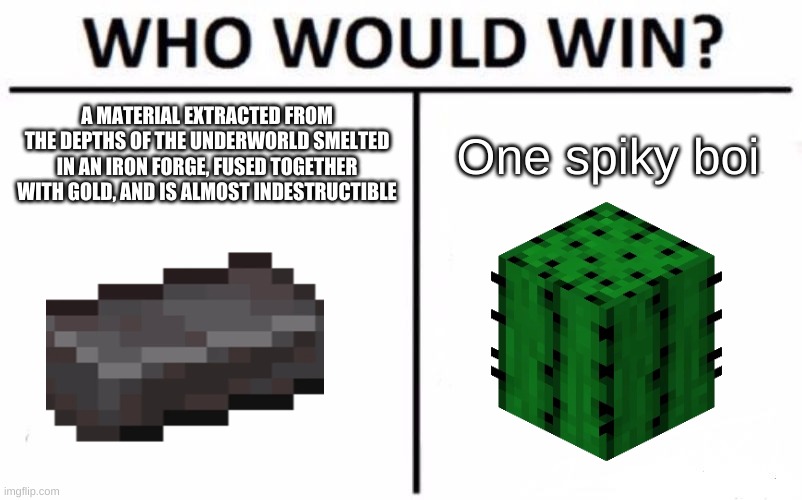Who Would Win? Meme | A MATERIAL EXTRACTED FROM THE DEPTHS OF THE UNDERWORLD SMELTED IN AN IRON FORGE, FUSED TOGETHER WITH GOLD, AND IS ALMOST INDESTRUCTIBLE; One spiky boi | image tagged in memes,who would win | made w/ Imgflip meme maker