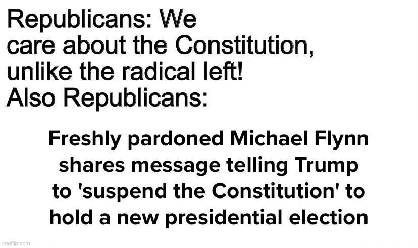It should be abundantly clear by now that Trump and his allies don’t give a flying fuck about the constitution. | Republicans: We care about the Constitution, unlike the radical left!
Also Republicans: | image tagged in trump,michael flynn,constitution,2020 election,biden | made w/ Imgflip meme maker