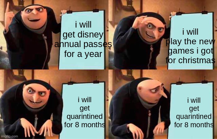 2020 be like: | i will get disney annual passes for a year; i will play the new games i got for christmas; i will get quarintined for 8 months; i will get quarintined for 8 months | image tagged in memes,gru's plan | made w/ Imgflip meme maker