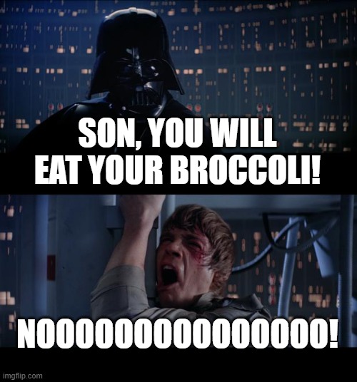 Star Wars No | SON, YOU WILL EAT YOUR BROCCOLI! NOOOOOOOOOOOOOOO! | image tagged in memes,star wars no | made w/ Imgflip meme maker