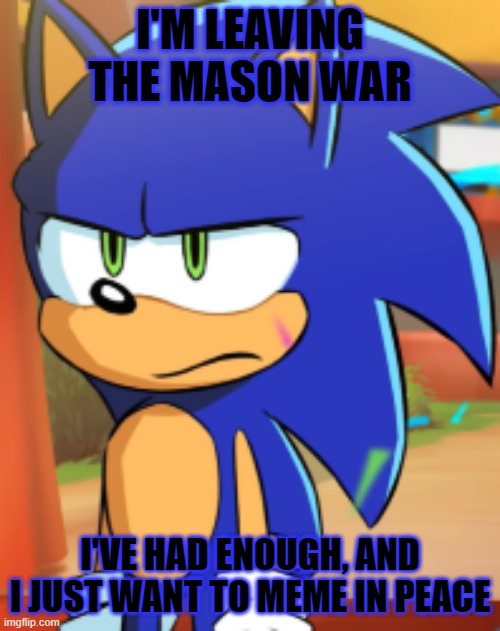 The little punk wants attention, that's all. | I'M LEAVING THE MASON WAR; I'VE HAD ENOUGH, AND I JUST WANT TO MEME IN PEACE | image tagged in sonic bruh seriously,imgflip,imgflip users,sonic the hedgehog | made w/ Imgflip meme maker