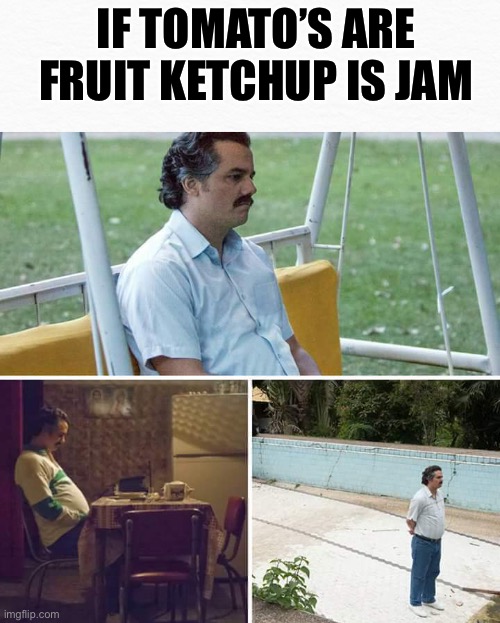 IF TOMATO’S ARE FRUIT KETCHUP IS JAM | image tagged in memes,sad pablo escobar | made w/ Imgflip meme maker