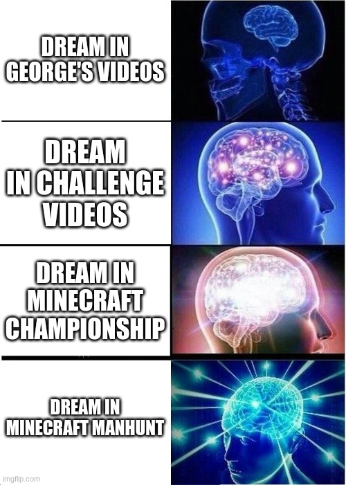 Oh Dream... | DREAM IN GEORGE'S VIDEOS; DREAM IN CHALLENGE VIDEOS; DREAM IN MINECRAFT CHAMPIONSHIP; DREAM IN MINECRAFT MANHUNT | image tagged in memes,expanding brain,minecraft | made w/ Imgflip meme maker