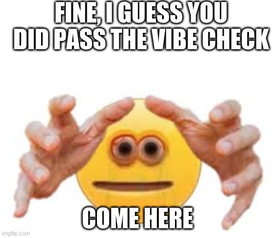 Y O U P A S S E D, D I D N ' T Y O U? | FINE, I GUESS YOU DID PASS THE VIBE CHECK; COME HERE | image tagged in blank white template,vibe check | made w/ Imgflip meme maker