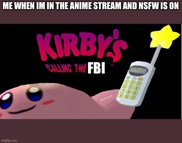 Anime stream has so much nsfw images | ME WHEN IM IN THE ANIME STREAM AND NSFW IS ON; FBI | image tagged in kirby's calling the police,imgflip | made w/ Imgflip meme maker