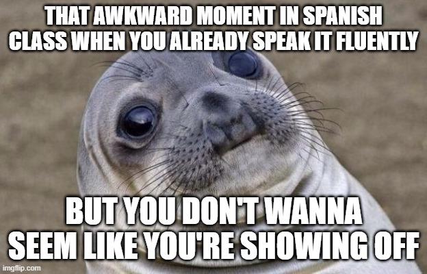 Teacher calls on you in Spanish Class | THAT AWKWARD MOMENT IN SPANISH CLASS WHEN YOU ALREADY SPEAK IT FLUENTLY; BUT YOU DON'T WANNA SEEM LIKE YOU'RE SHOWING OFF | image tagged in memes,awkward moment sealion | made w/ Imgflip meme maker