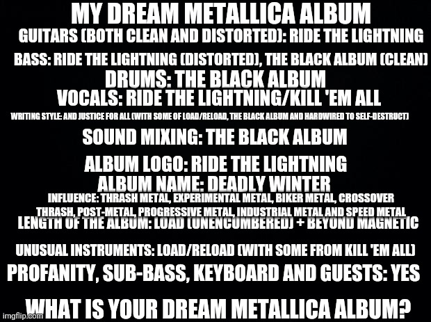 Dream Metallica Album/sound | MY DREAM METALLICA ALBUM; GUITARS (BOTH CLEAN AND DISTORTED): RIDE THE LIGHTNING; BASS: RIDE THE LIGHTNING (DISTORTED), THE BLACK ALBUM (CLEAN); DRUMS: THE BLACK ALBUM; VOCALS: RIDE THE LIGHTNING/KILL 'EM ALL; WRITING STYLE: AND JUSTICE FOR ALL (WITH SOME OF LOAD/RELOAD, THE BLACK ALBUM AND HARDWIRED TO SELF-DESTRUCT); SOUND MIXING: THE BLACK ALBUM; ALBUM LOGO: RIDE THE LIGHTNING; ALBUM NAME: DEADLY WINTER; INFLUENCE: THRASH METAL, EXPERIMENTAL METAL, BIKER METAL, CROSSOVER THRASH, POST-METAL, PROGRESSIVE METAL, INDUSTRIAL METAL AND SPEED METAL; LENGTH OF THE ALBUM: LOAD (UNENCUMBERED) + BEYOND MAGNETIC; UNUSUAL INSTRUMENTS: LOAD/RELOAD (WITH SOME FROM KILL 'EM ALL); PROFANITY, SUB-BASS, KEYBOARD AND GUESTS: YES; WHAT IS YOUR DREAM METALLICA ALBUM? | image tagged in black background | made w/ Imgflip meme maker